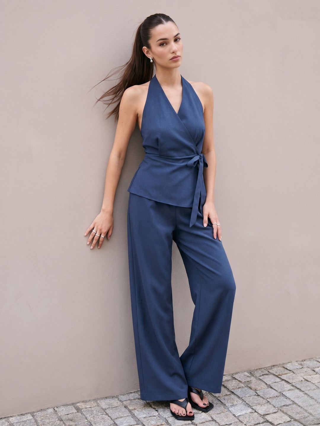 Navy Blue Halter Wrap Neck Top And Pants Co-Ord Set
