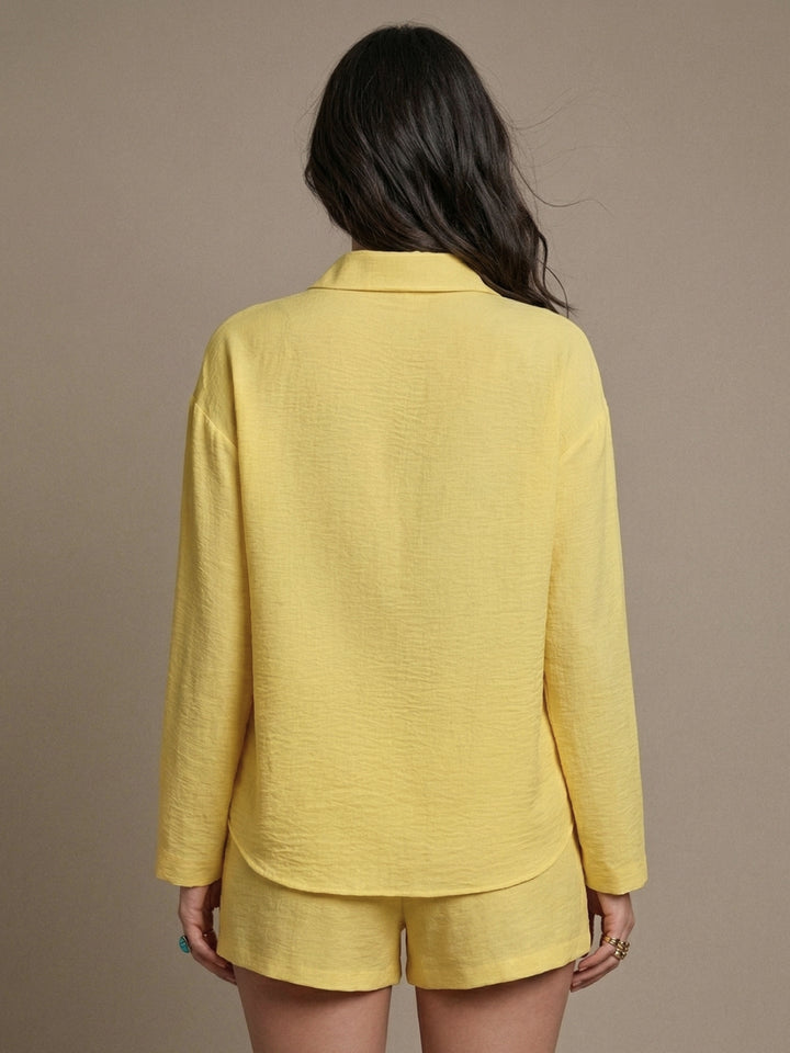 Yellow Full Sleeve Collared Shirt And Shorts Set