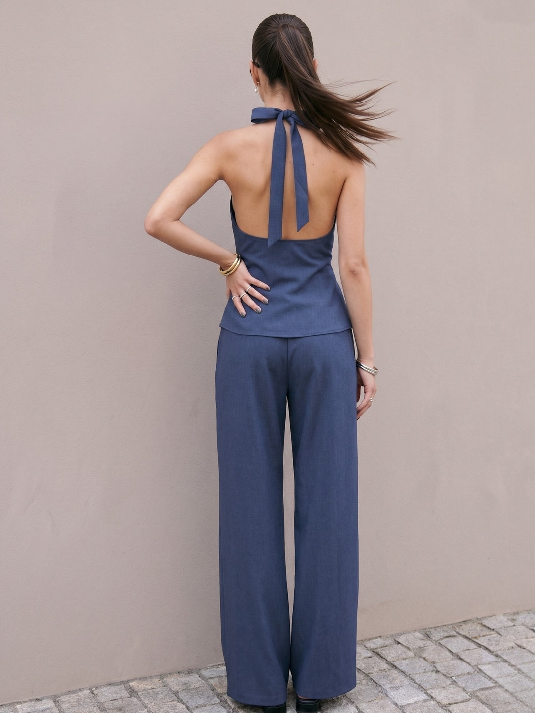 Navy Blue Halter Wrap Neck Top And Pants Co-Ord Set
