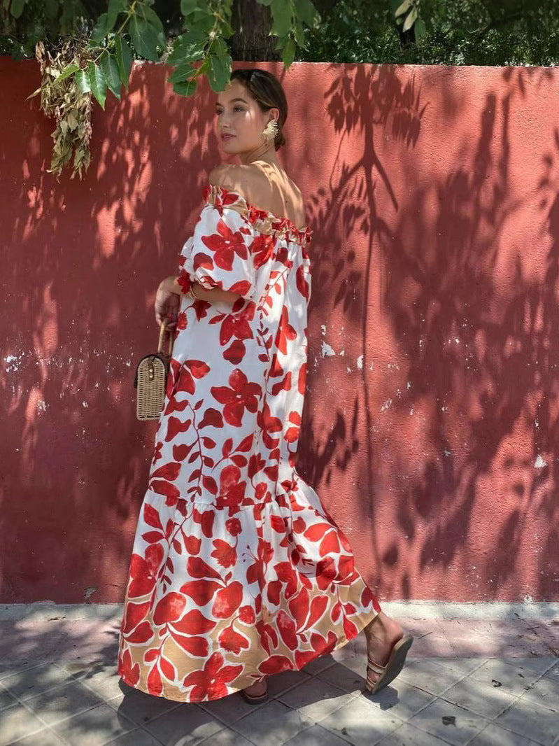 Red Printed Off Shoulder Dress