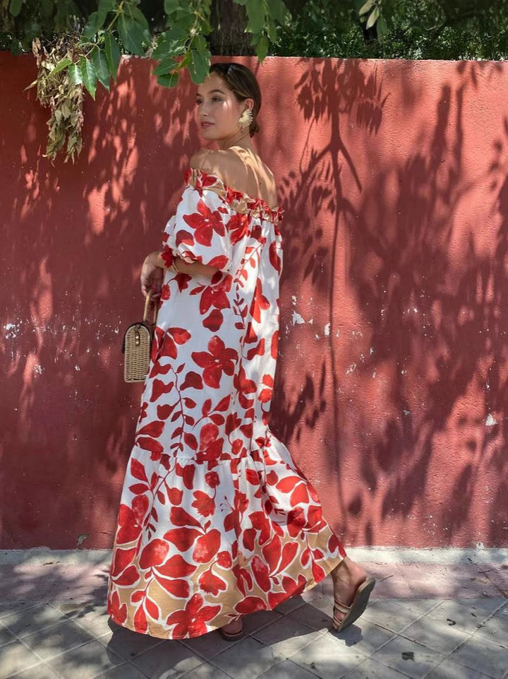 Red Printed Off Shoulder Dress
