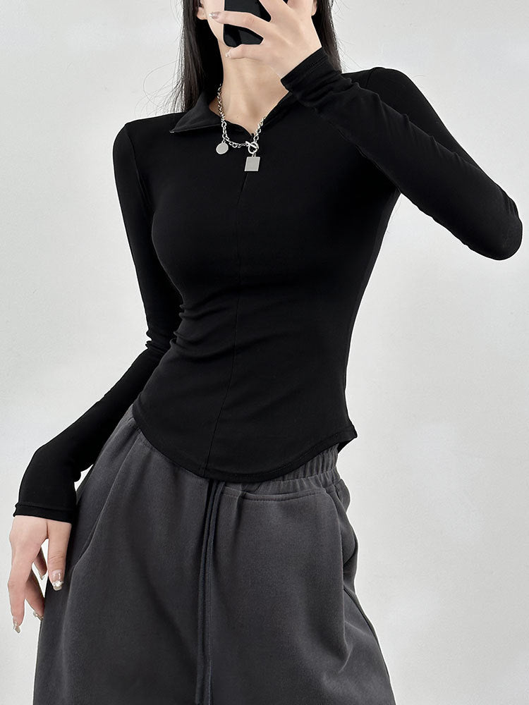 Black Front Zip Full Sleeved T-Shirt