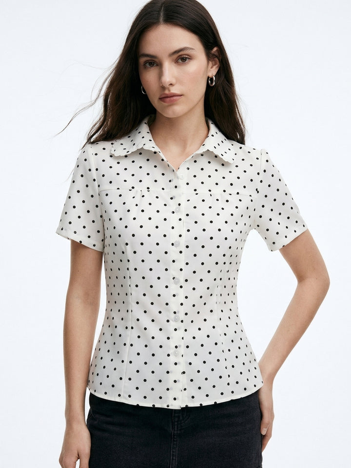 White Short Sleeve Polka Printed Shirt