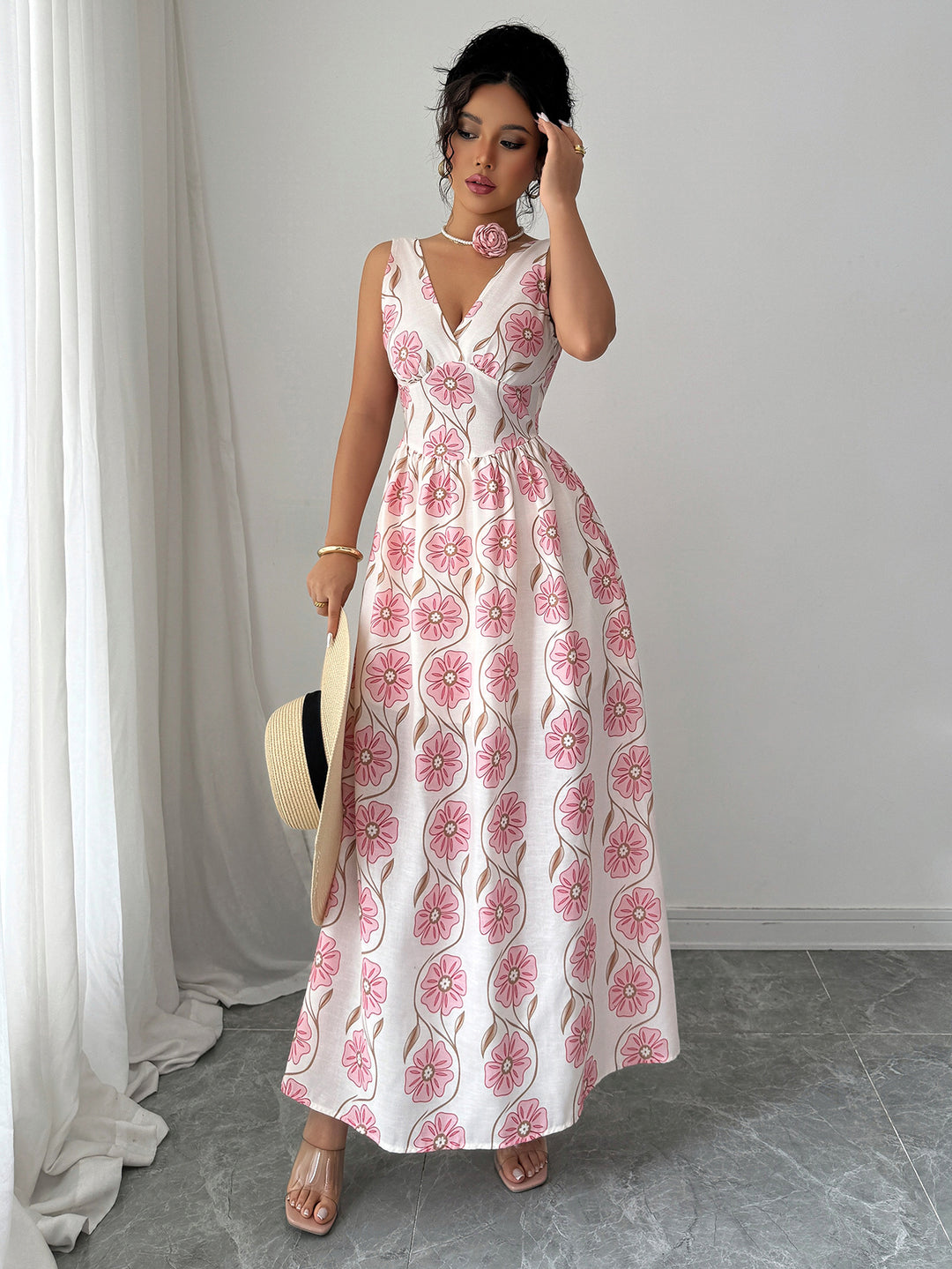 Pink Printed V-Neck Maxi Dress