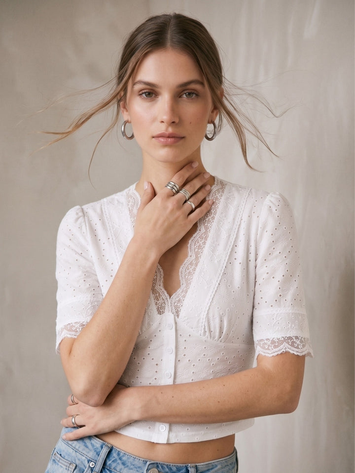 White V Neck Scalloped Lace Button Down Top