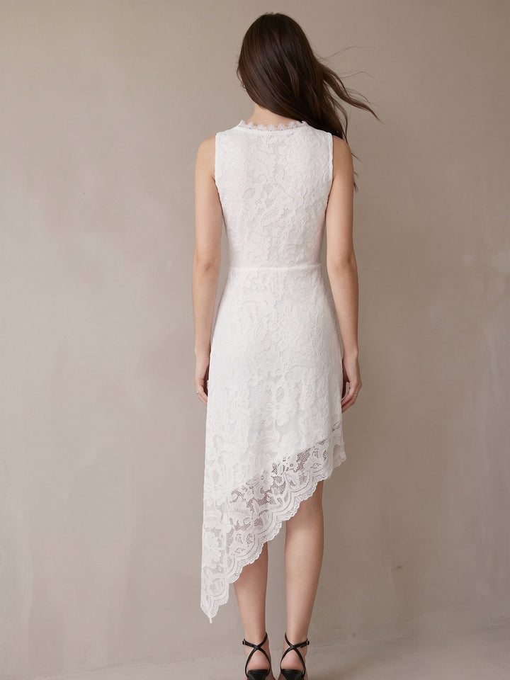 White V Scallop Lace Neck Dress With Asymmetric Hem