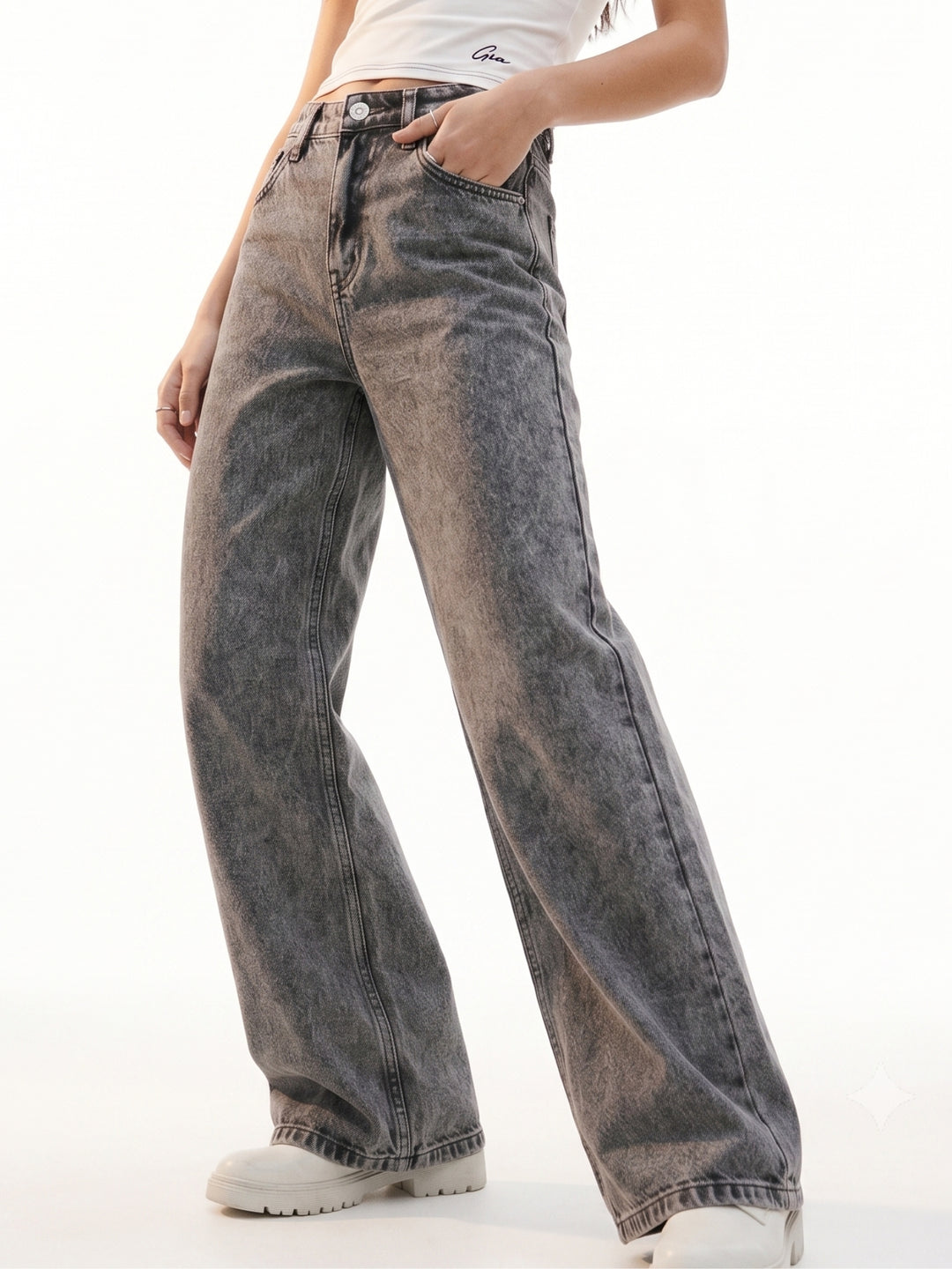 Black Acid Wash Wide Leg Denim Jeans