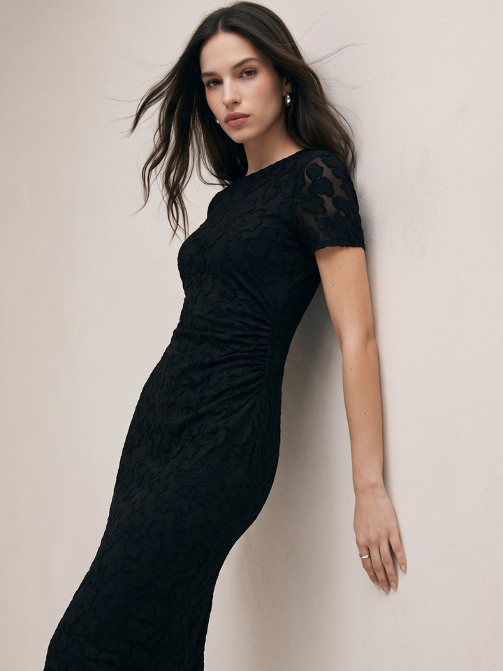 Black Textured Floral Designed Fitted Dress