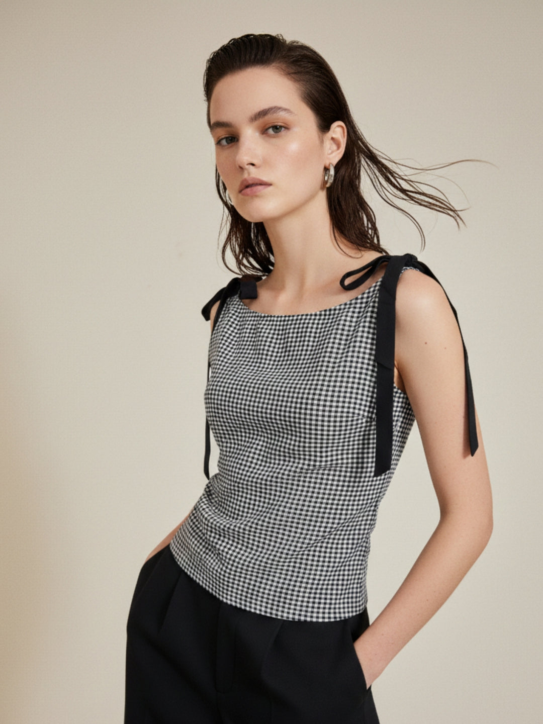 Black Boat Neck Ghingham Knotted Bow Top