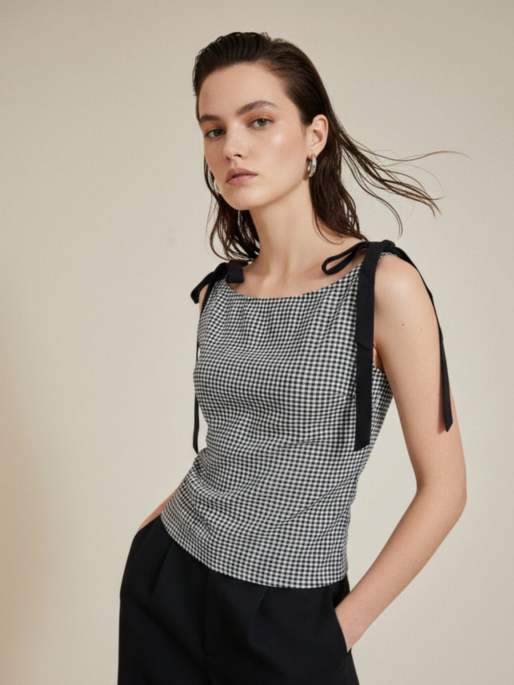 Black Boat Neck Ghingham Knotted Bow Top