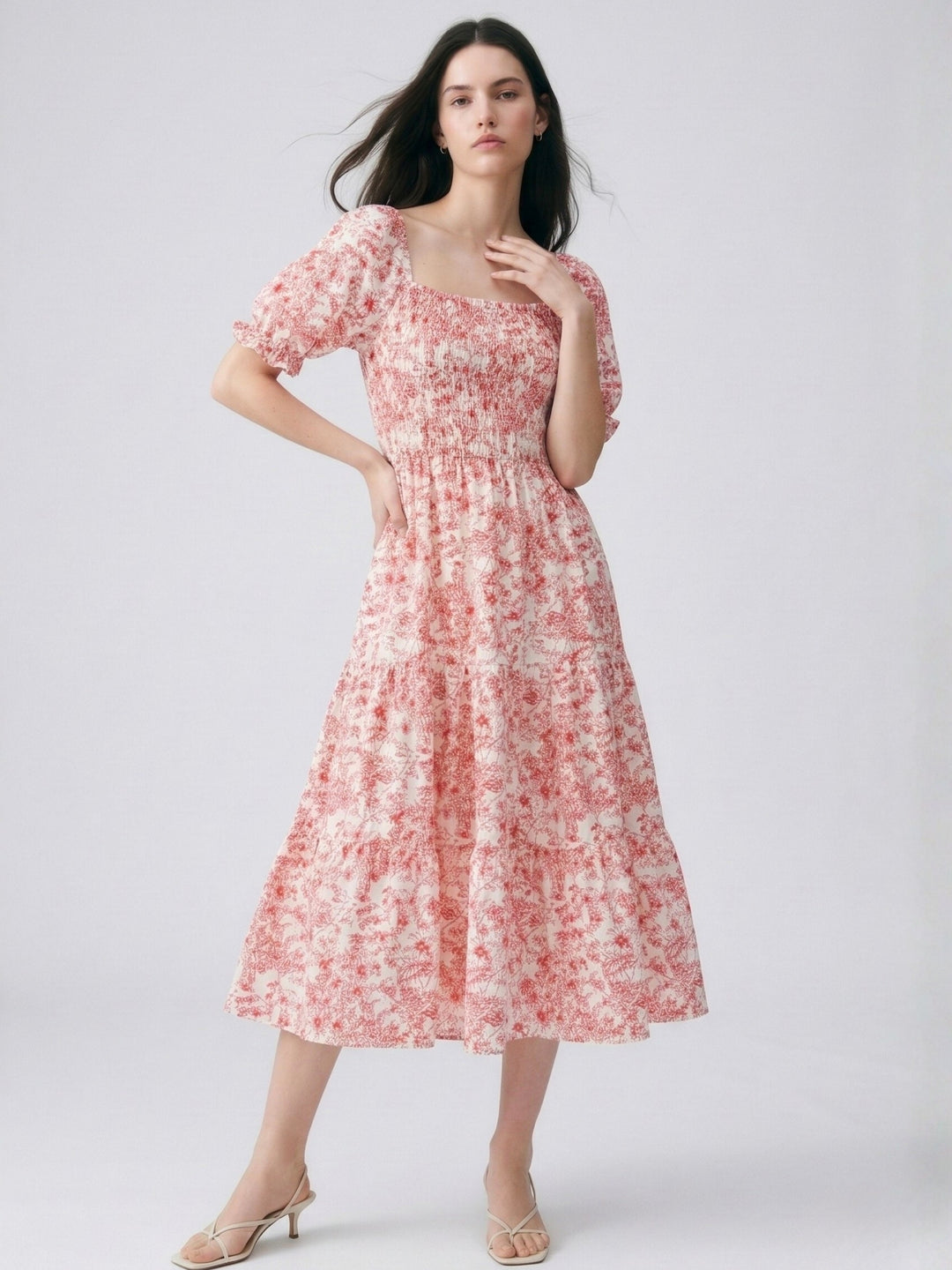 Pink Short Sleeve Square Neck Dress