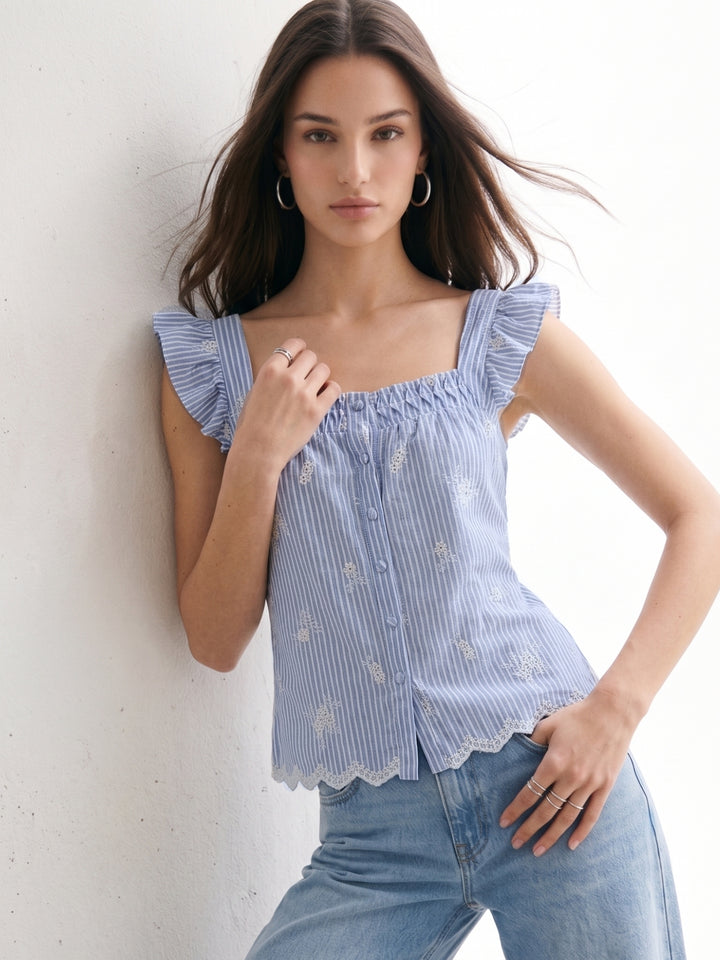 Light Blue Ruffle Sleeve Scallop Edge Floral Embroidery Top