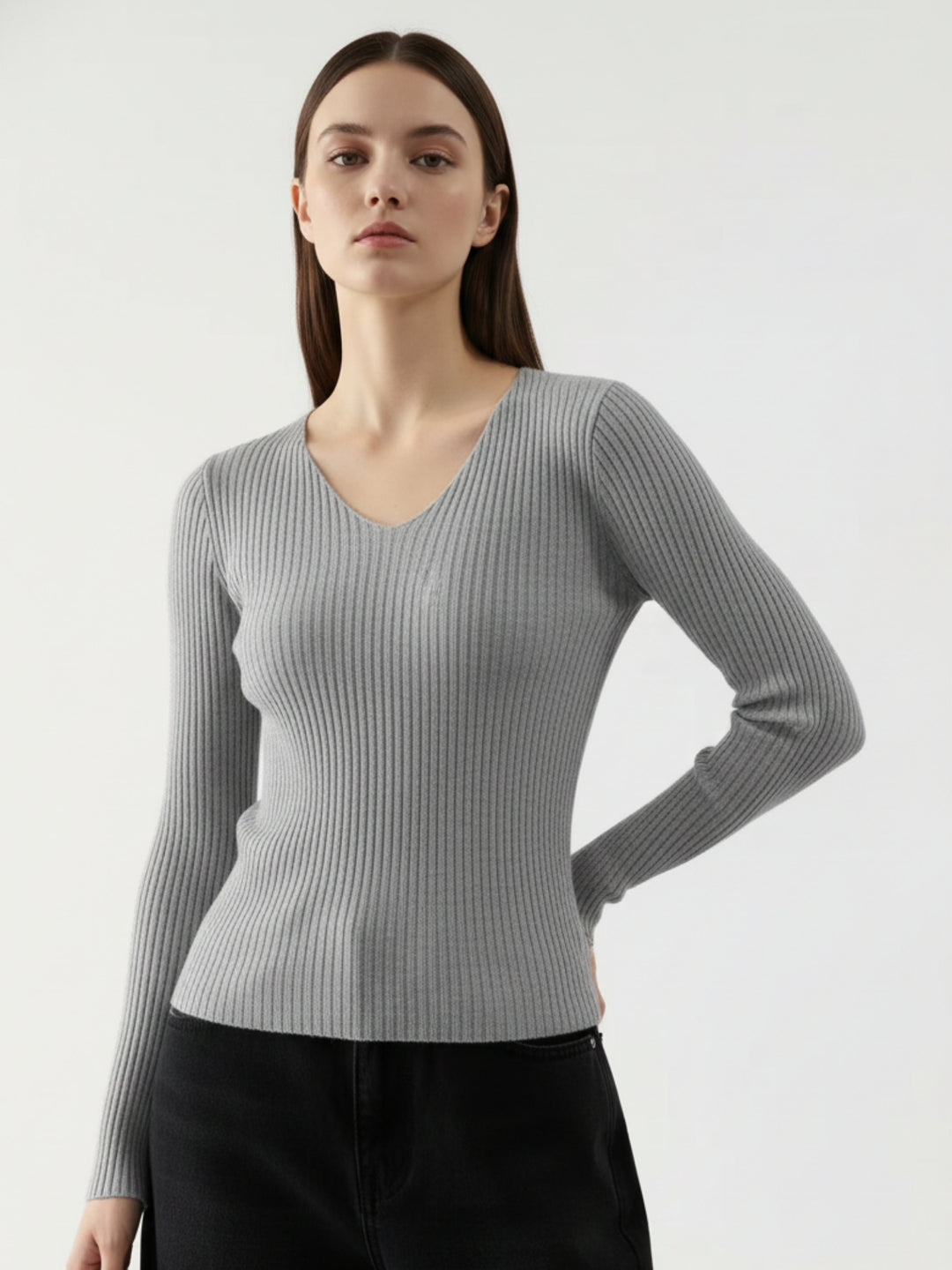 Grey Full Sleeve V Neck Fitted Top