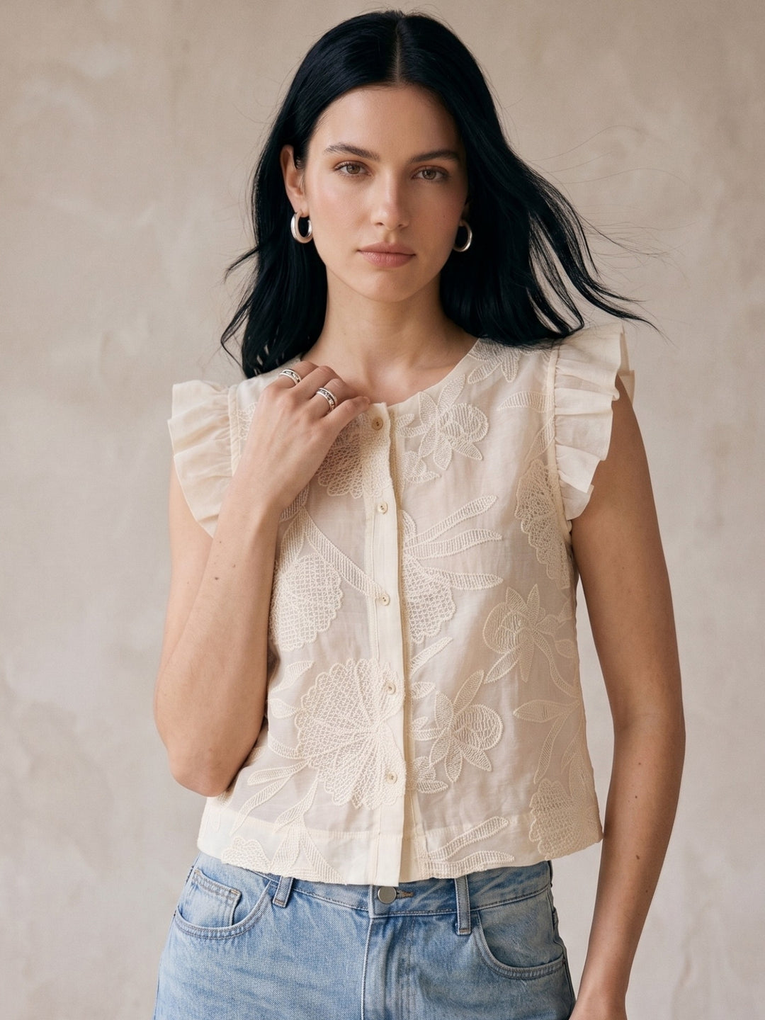 White Textured Button Down Blouse