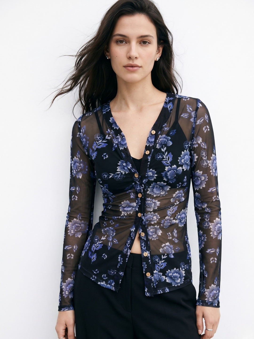 Blue Front Buttoned Floral Printed Mesh Top