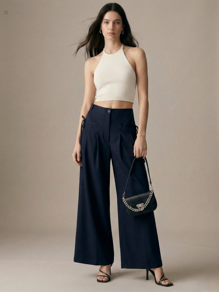 Navy Blue High-Waist Wide-Leg Baggie Pleated Trouser