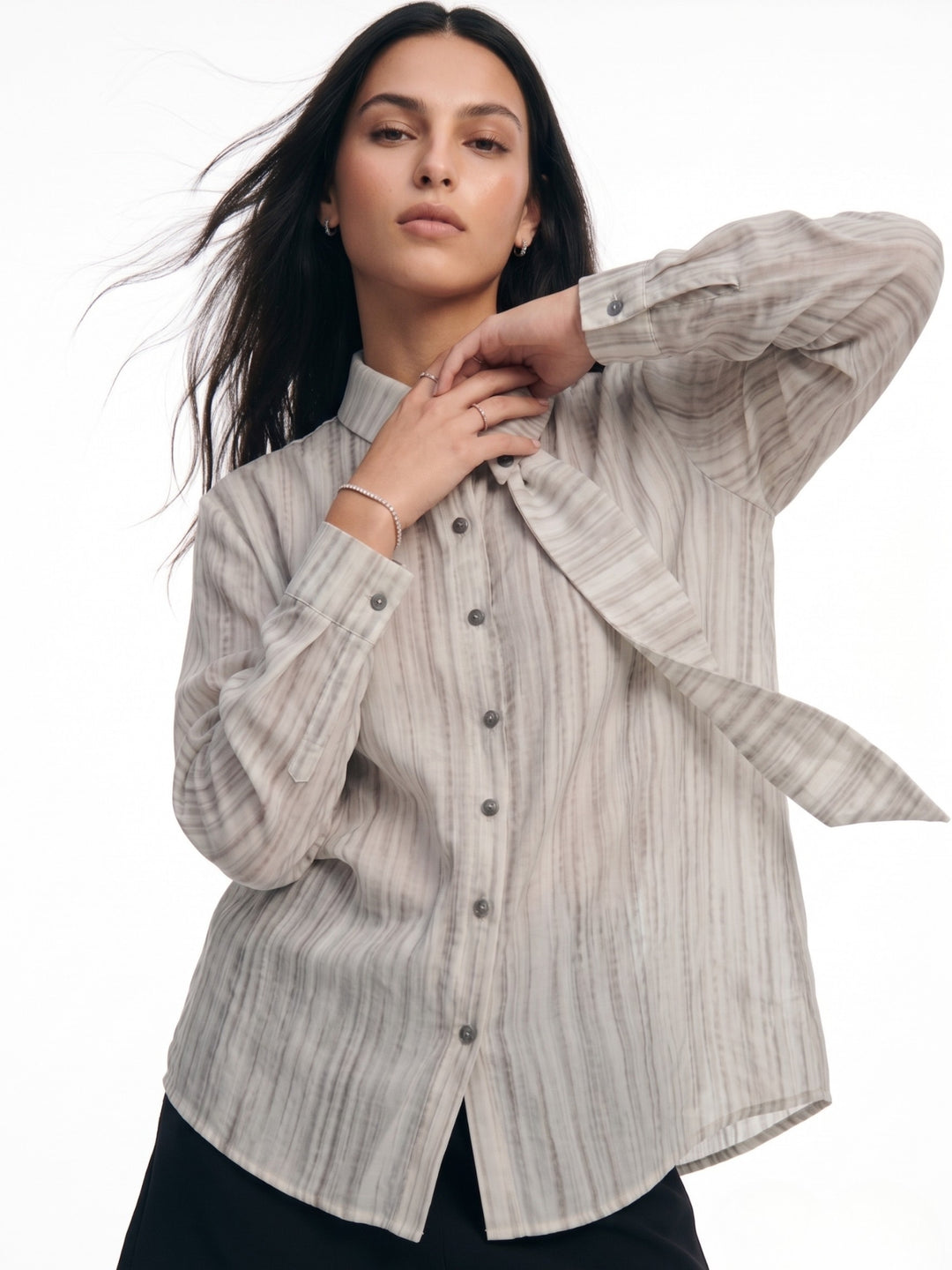 White Neck Scarf Detail Front Buttoned Shirt