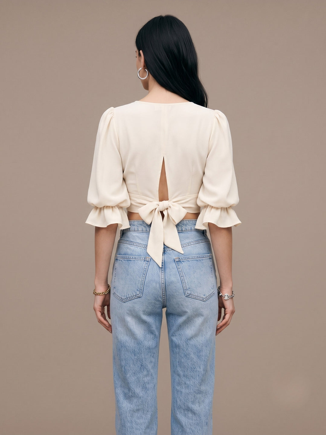 Cream Ruffle Sleeve V-Neck Top