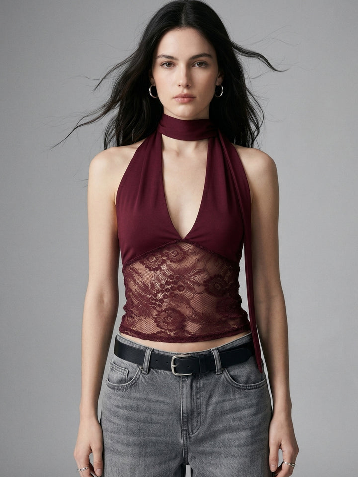 Maroon Neck Wrap Lace Detail Tank