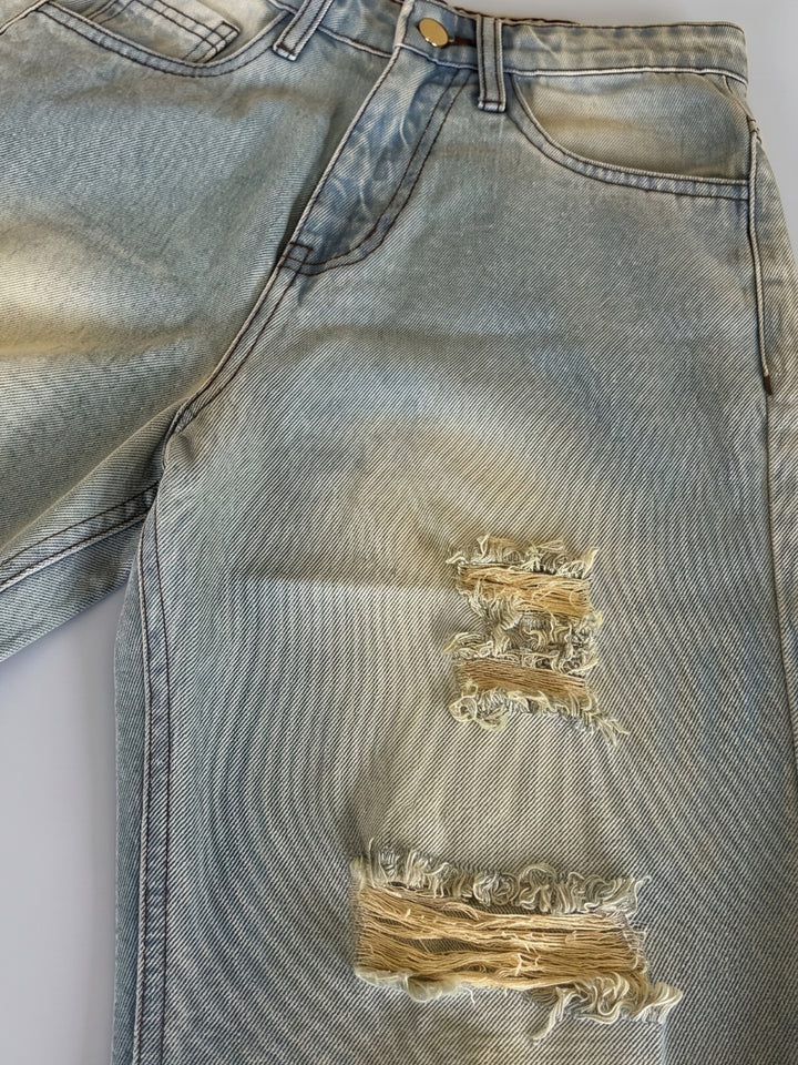 Blue Distressed Washed Out Straight Fit Jeans