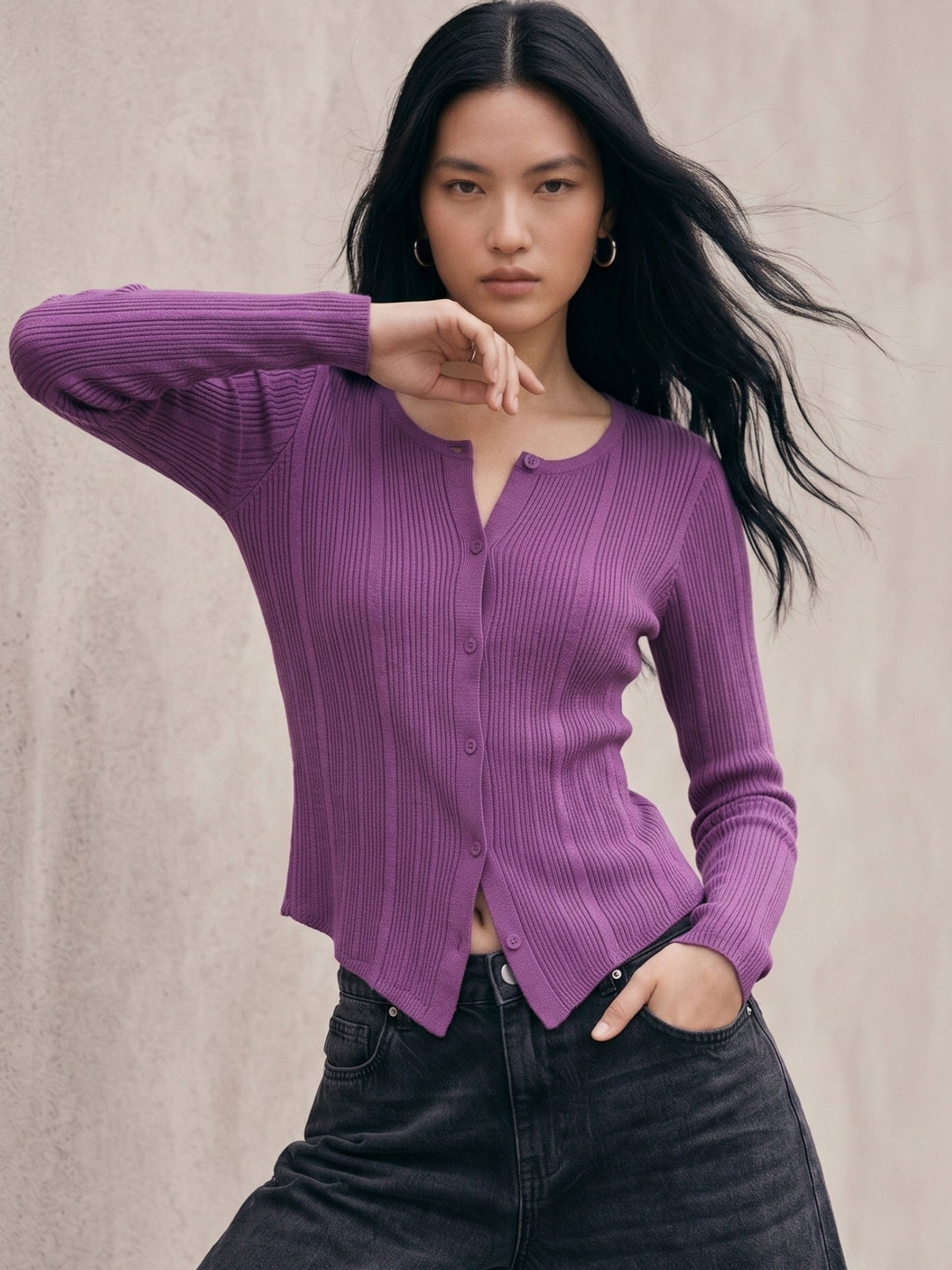 Purple Button Down Cardigan Styled Top
