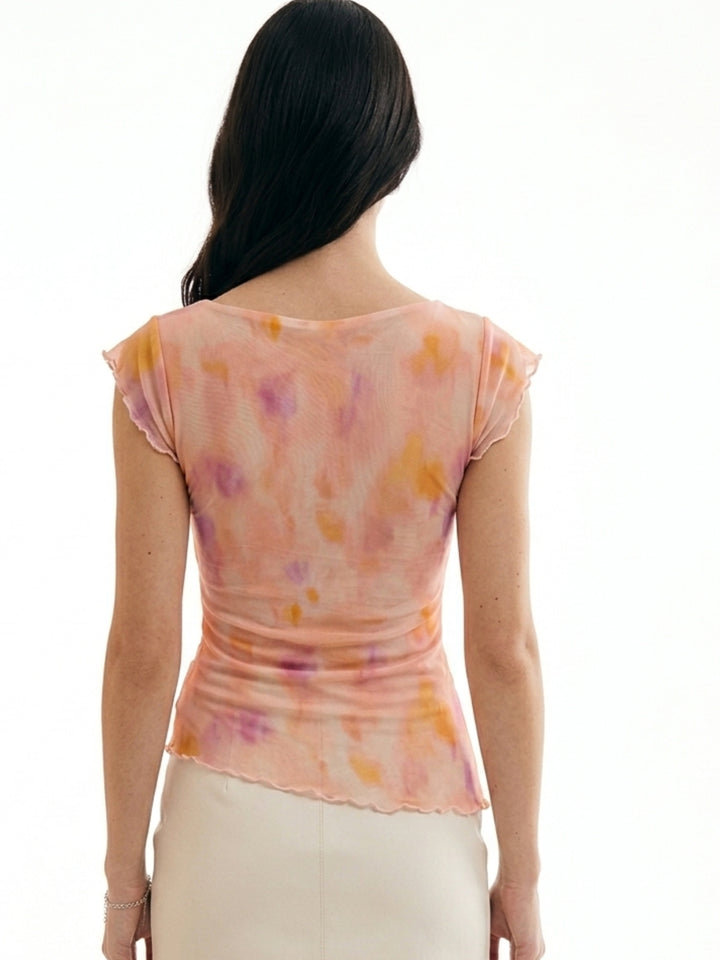 Peach Abstract Print Mesh Regular Top