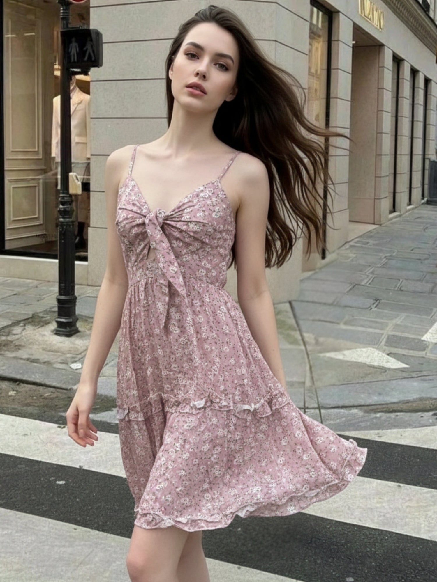 Pink Spaghetti Strap Front Tie-Up Dress