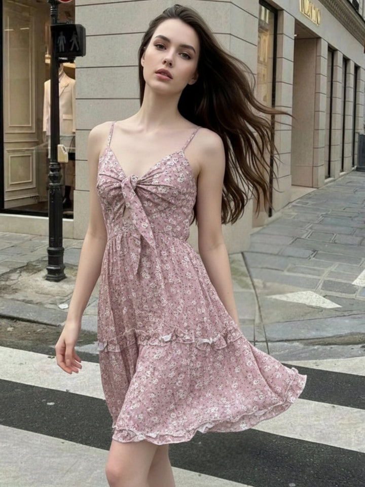 Pink Spaghetti Strap Front Tie-Up Dress