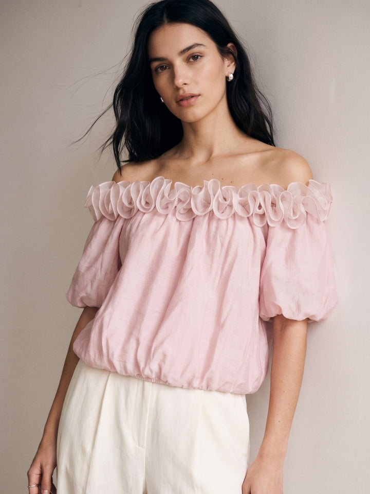 Pink Ruffle Neck Puff Sleeve Top