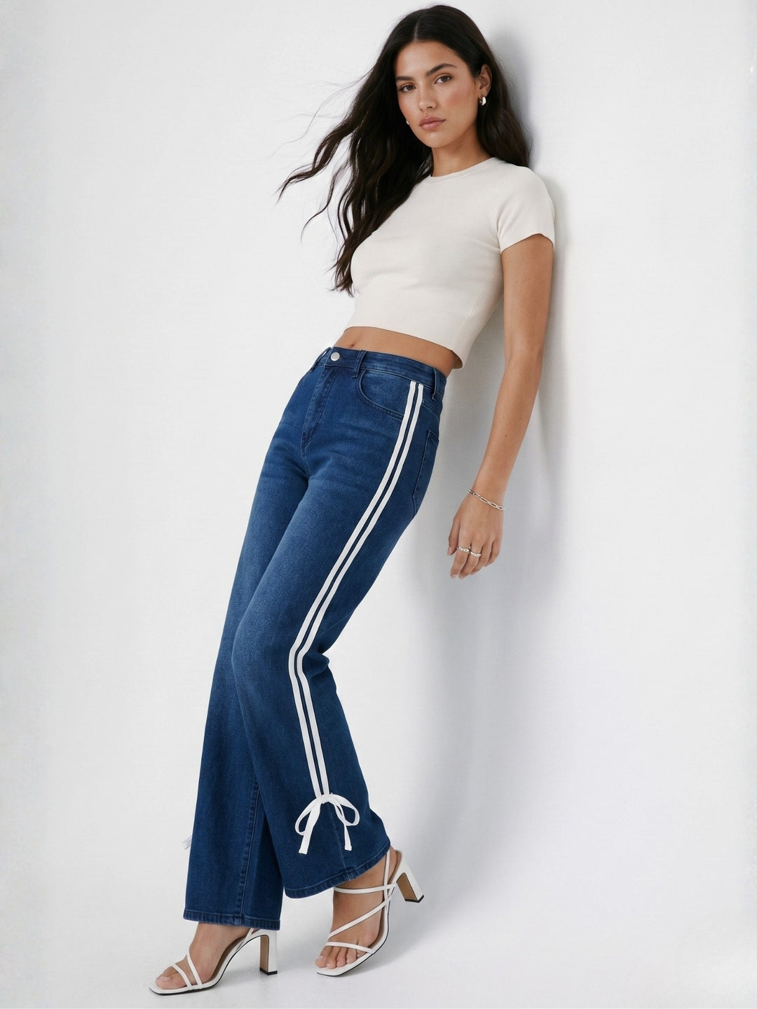 Navy Blue Contrast Detail Wide Leg Jeans