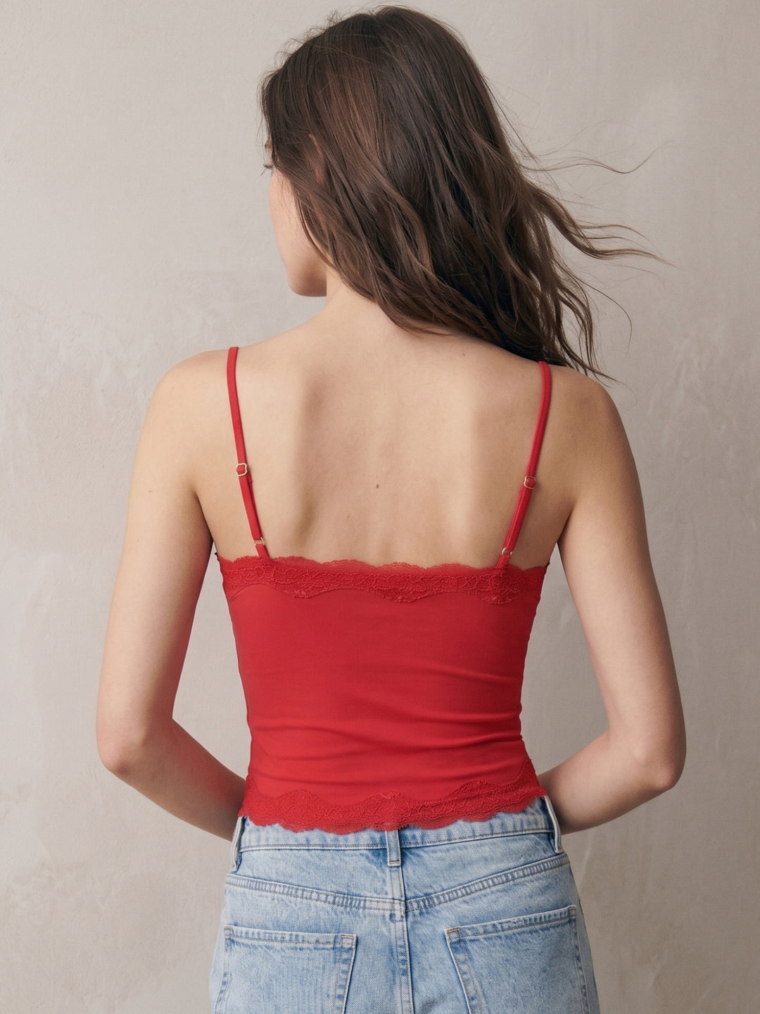 Red Spaghetti Strap Lace Hem Fitted Top