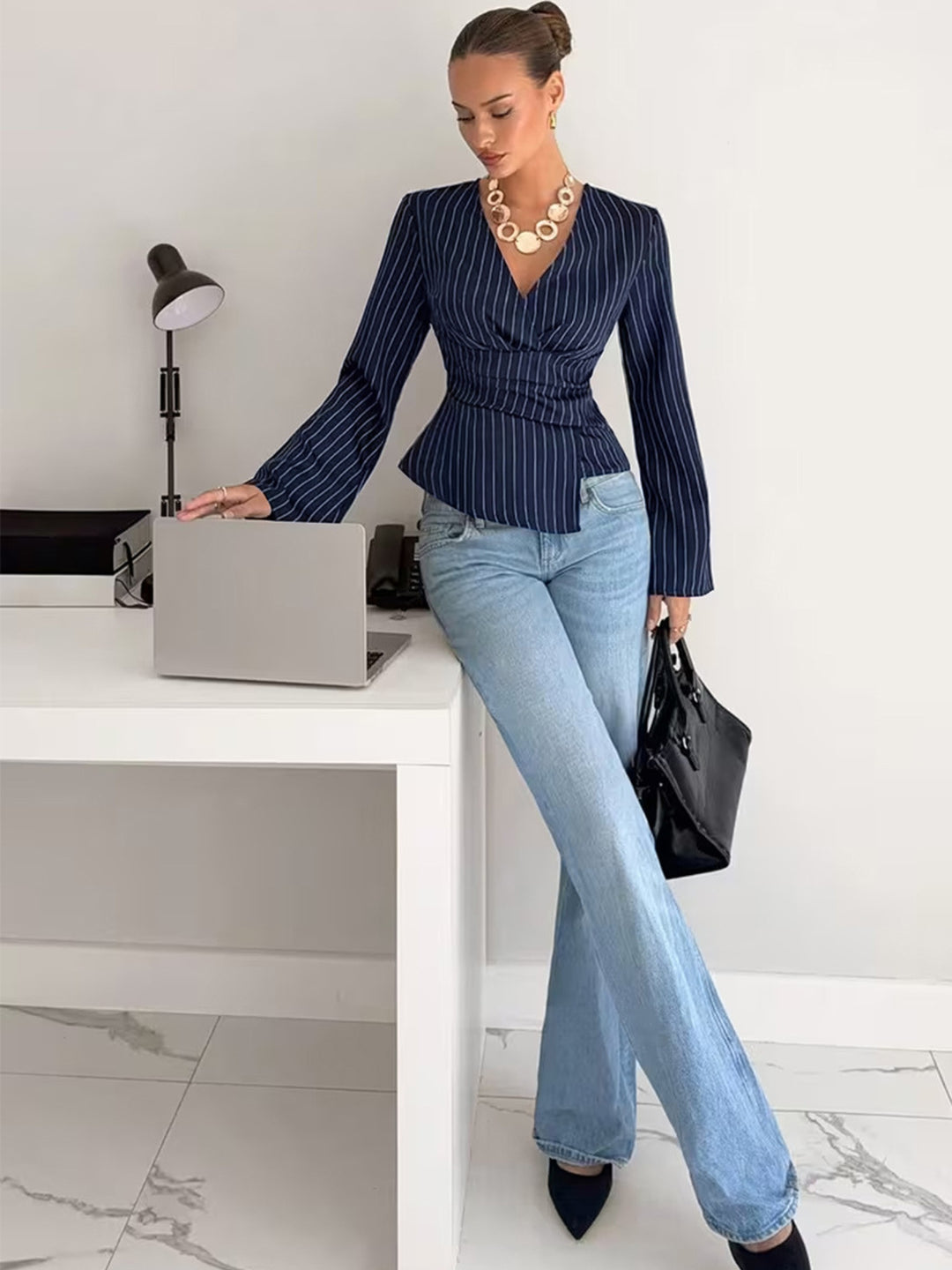 Blue Waist Detail  V-Neck Striped Top