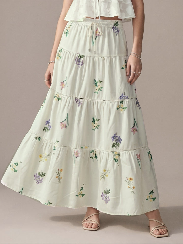 White Floral Print Tired Cotton Skirt With Lace Detail