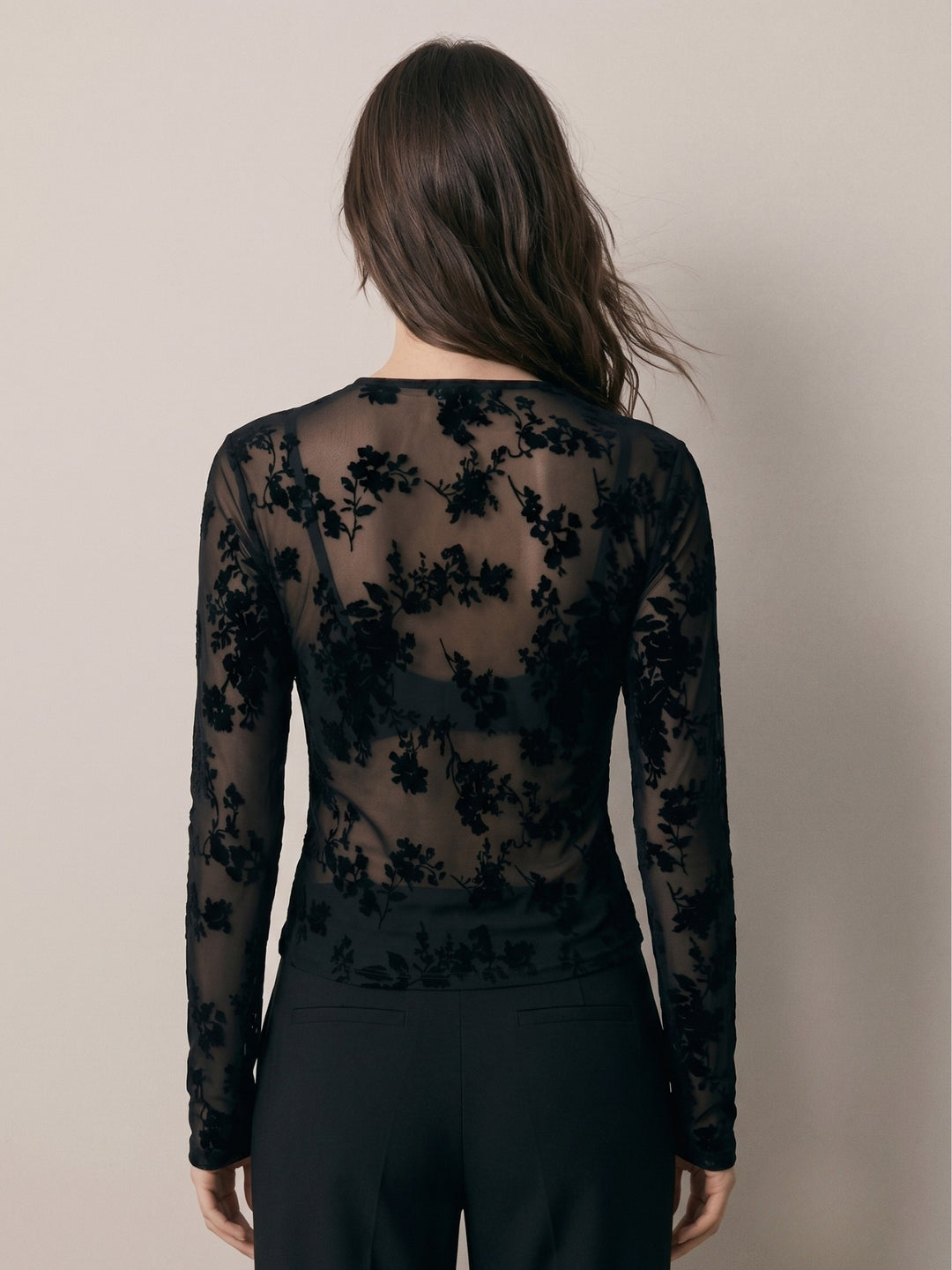 Black Full Sleeve High Neck Mesh Top