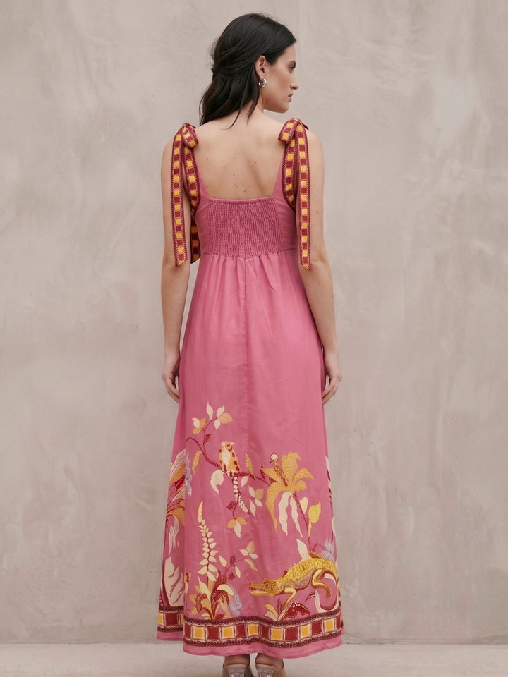 Pink Shoulder Tie-Up Printed Dress