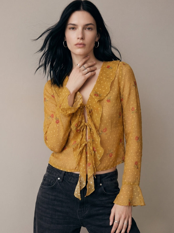Mustard All Over Printed Front Open Styled Top