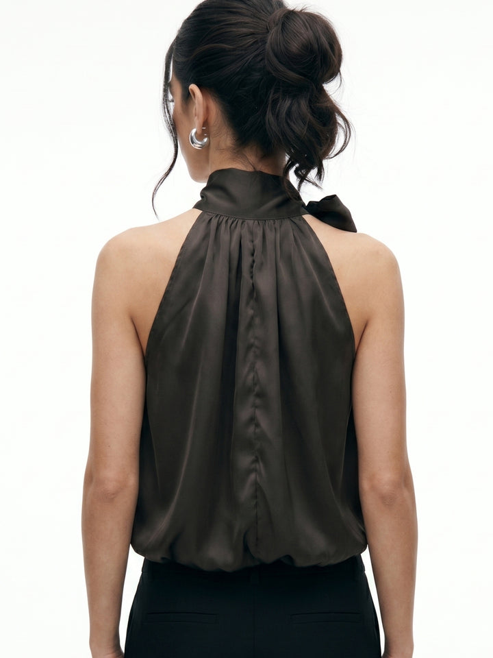 Charcoal Neck Tie-Up Bubble Hem Top