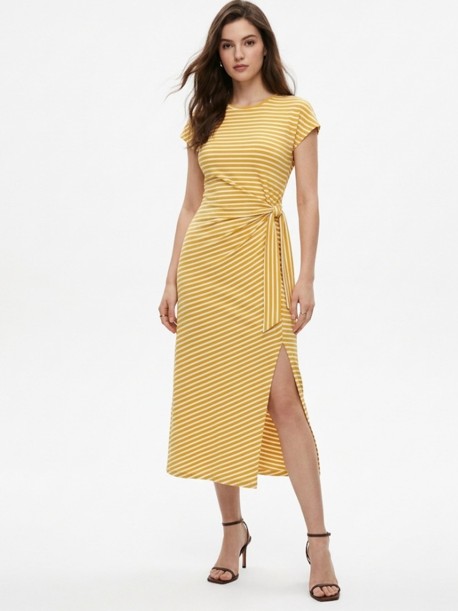 Yellow Waist Wrap Striped Dress
