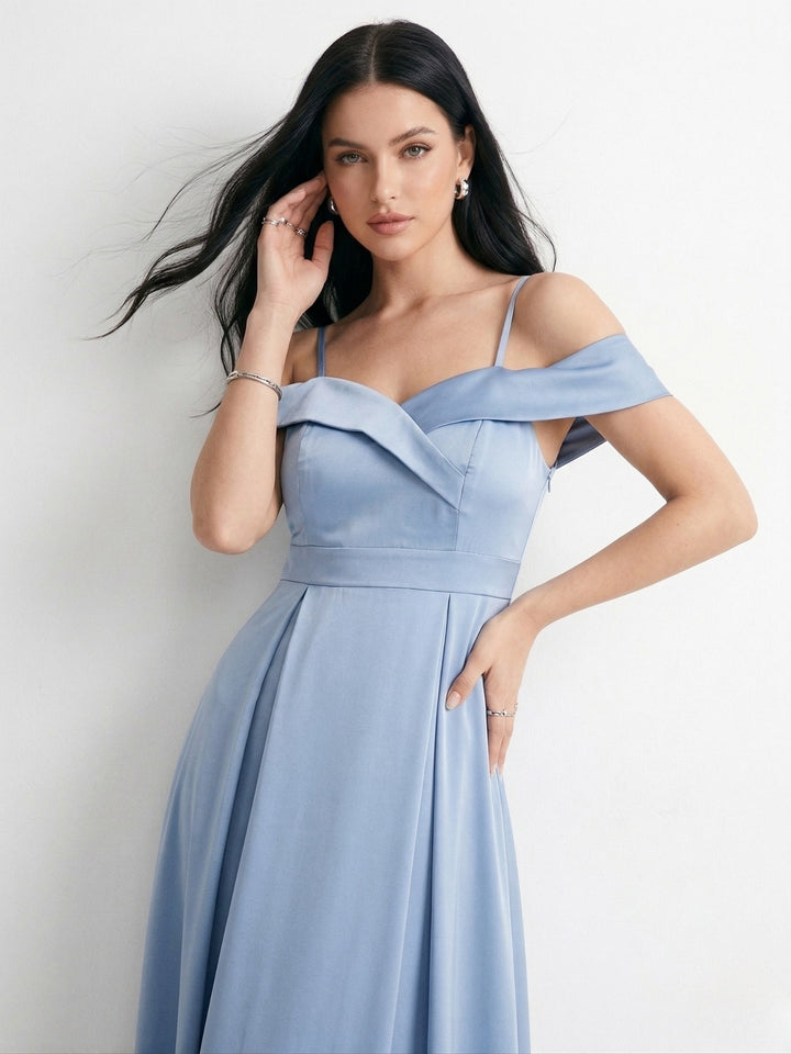 Blue Satin Off Shoulder Gown with Strap Detailing