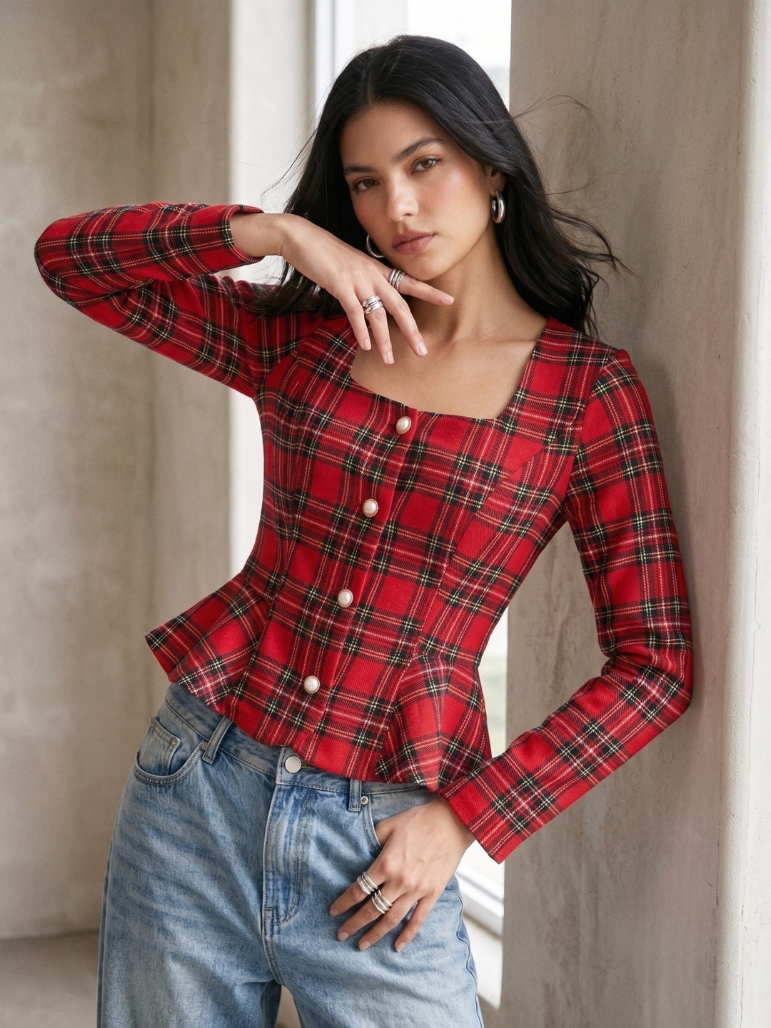 Red Checkered Square Neck Full Sleeve Blouse