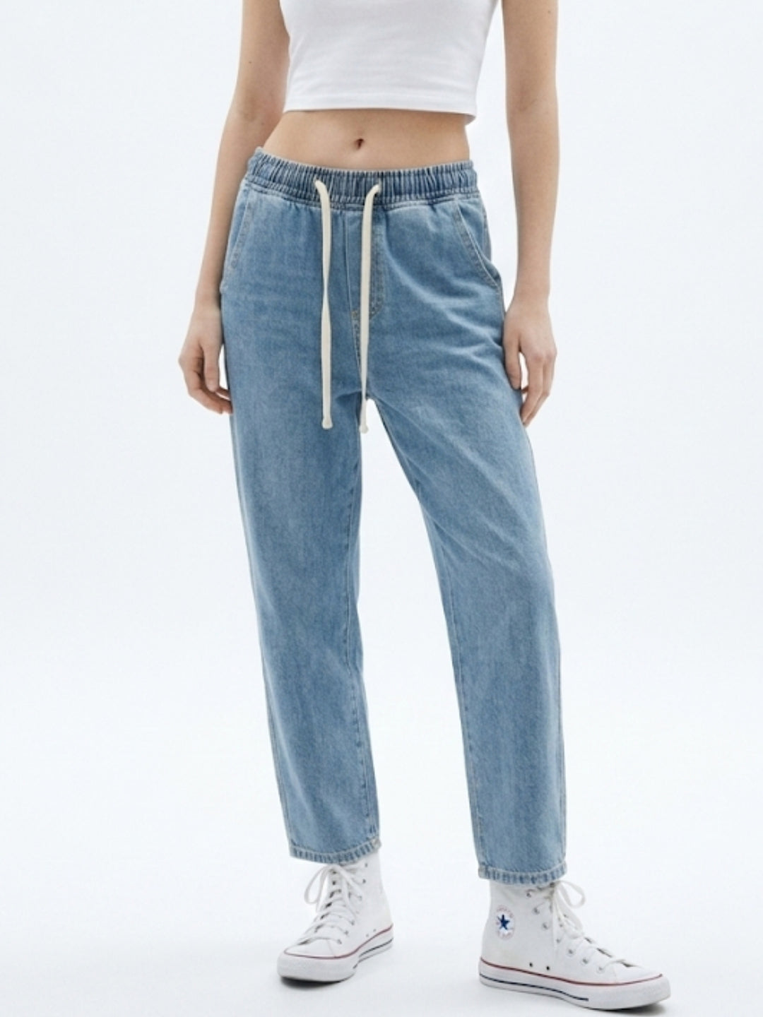 Blue Drawstring Wide Leg Denim