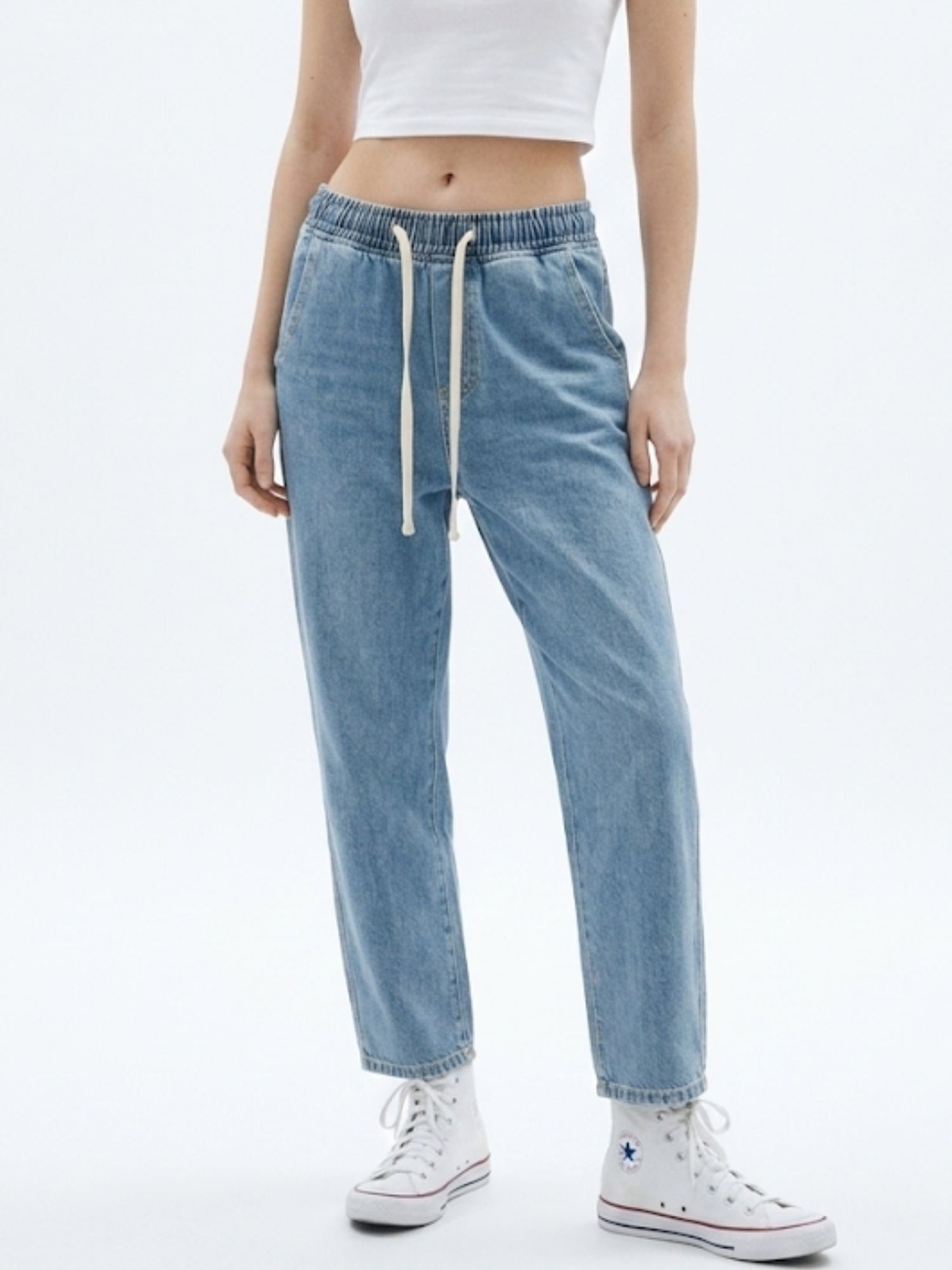 Blue Drawstring Wide Leg Denim