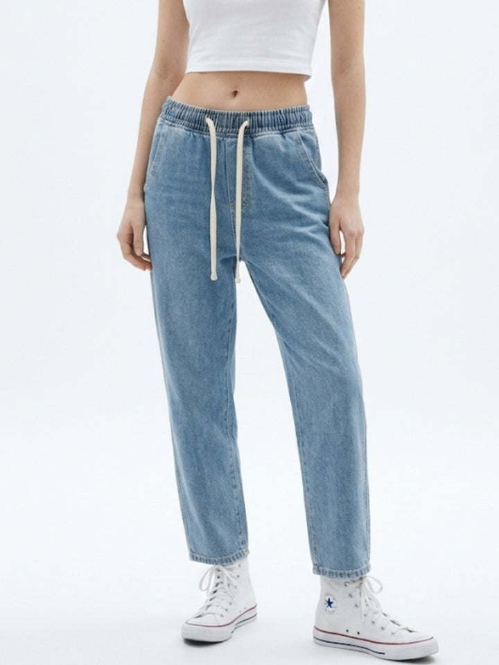 Blue Drawstring Wide Leg Denim