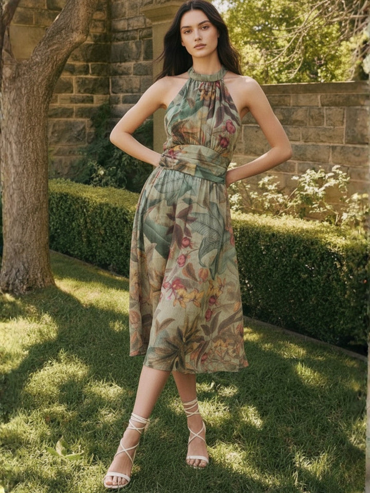 Green Printed  halter-neck maxi dress