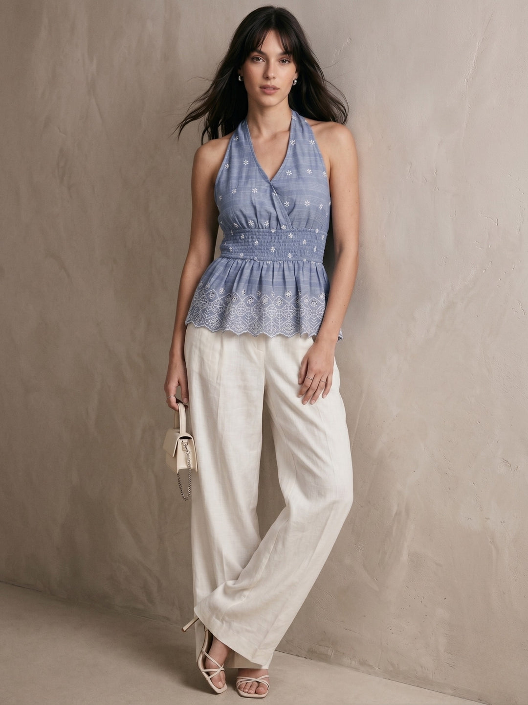 Blue Deep V-Neck Halter Style With A Backless Or Tie-Back Design