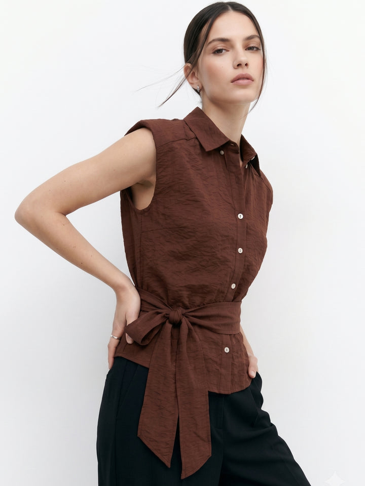 Brown Waist Tie-Up Front Buttoned Top