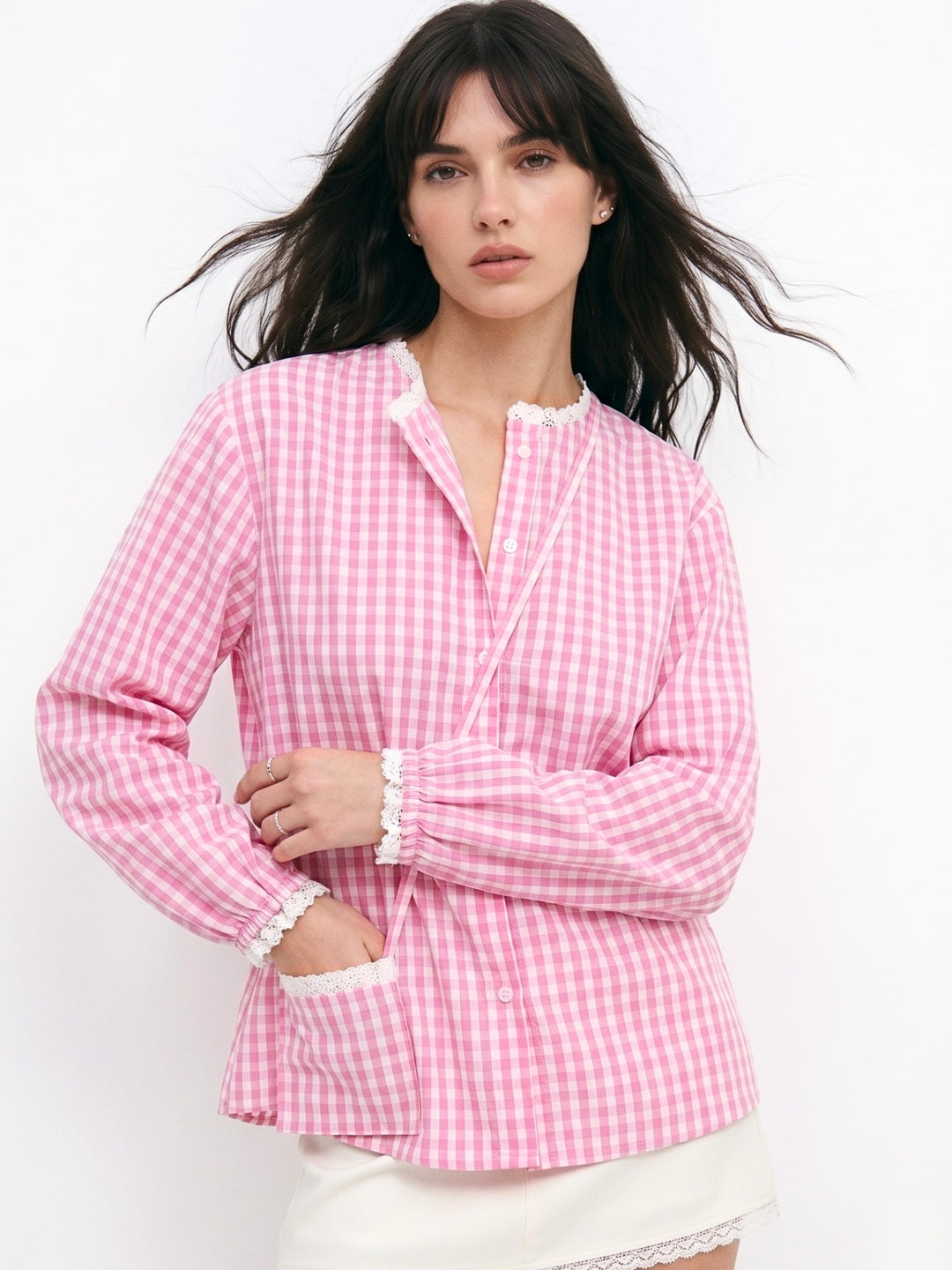 Pink Relaxed Fit Lace Detailed Ghingham Check Cotton Blouse With Self Fabric Bag
