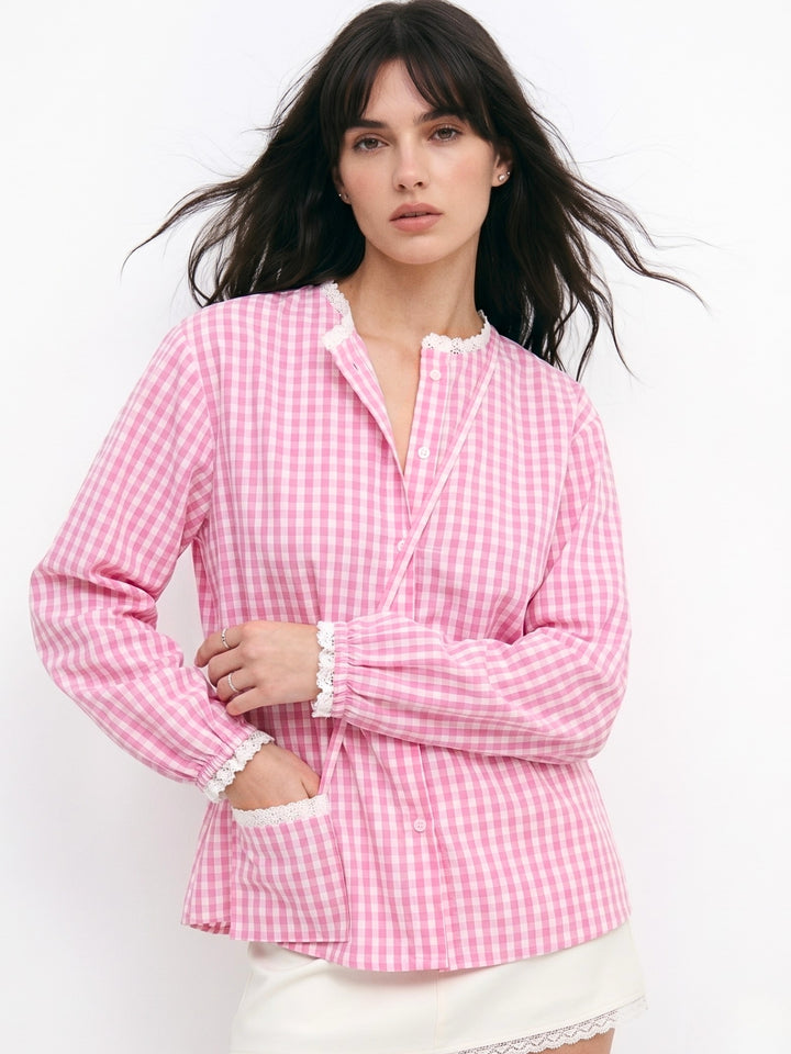 Pink Relaxed Fit Lace Detailed Ghingham Check Cotton Blouse With Self Fabric Bag