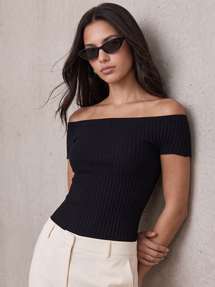Black Off-Shoulder Fitted Rib Textured Top