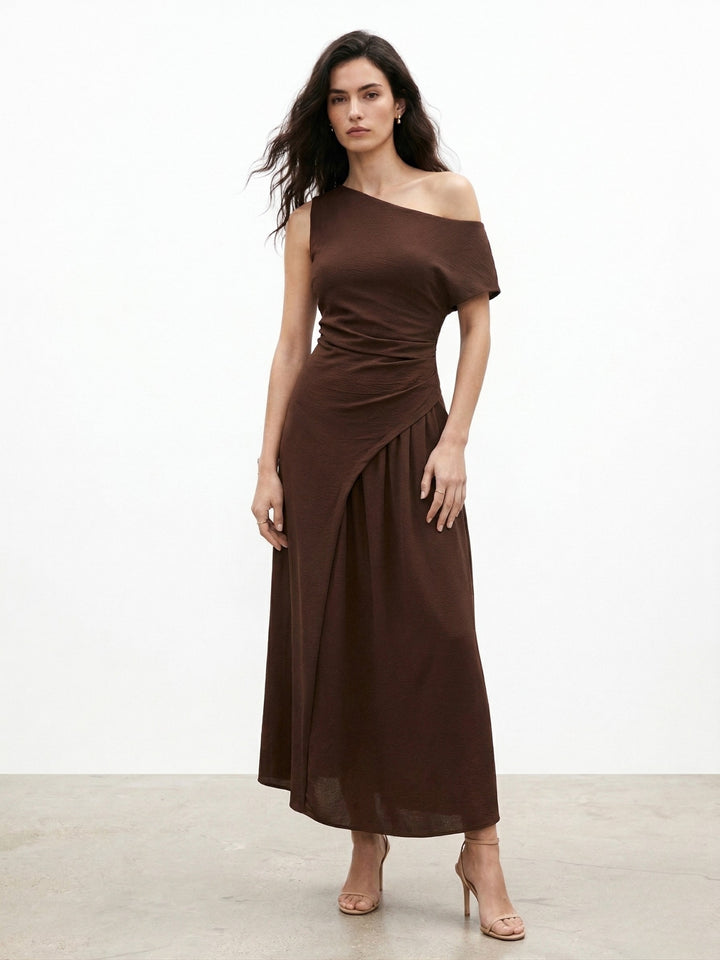Brown One Shoulder Waist Detail Dress